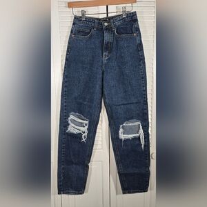 Pretty Little Thing Mom Denim High Waist Distressed Knee Mid Wash Jeans Sz 4